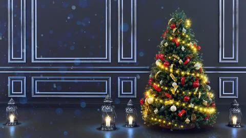 3D render of Decorated Christmas tree on blurred blue background. new year co Stock Illustration