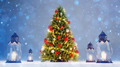 3D render of Decorated Christmas tree on blurred blue background. new year co Stock Illustration