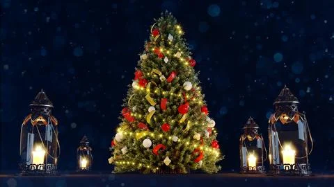 3D render of Decorated Christmas tree on blurred blue background. new year co Stock Illustration