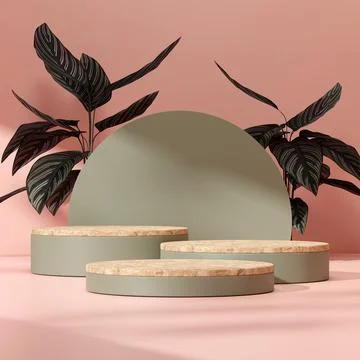 3D render of a decorative geometric stone podium in a pink room with potted plan Stock Illustration