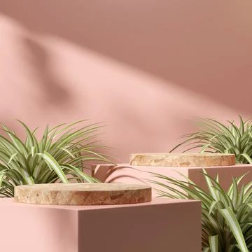 3D render of a decorative geometric stone podium in a pink room with potted plan Stock Illustration