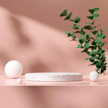 3D render of a decorative geometric stone podium in a pink room with potted plan Stock Illustration