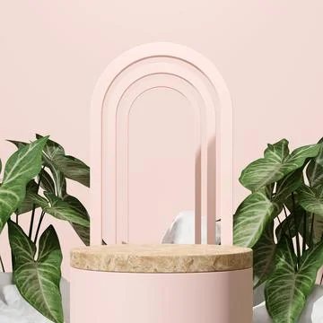 3D render of a decorative geometric stone podium in a pink room with potted plan Stock Illustration