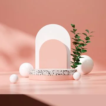 3D render of a decorative geometric stone podium in a pink room with potted plan Stock Illustration