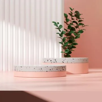 3D render of a decorative geometric stone podium in a pink room with potted plan Stock Illustration