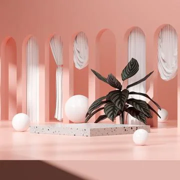 3D render of a decorative geometric stone podium in a pink room with potted plan Stock Illustration