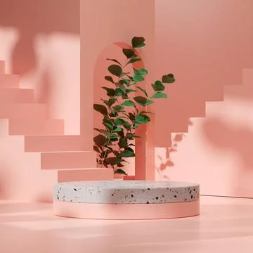 3D render of a decorative geometric stone podium in a pink room with potted plan Stock Illustration