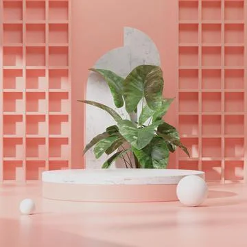 3D render of a decorative geometric stone podium in a pink room with potted plan Stock Illustration