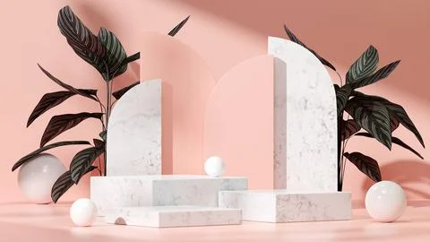 3D render of a decorative geometric stone podium in a pink room with potted plan Stock Illustration