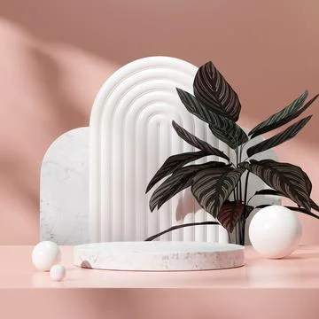 3D render of a decorative geometric stone podium in a pink room with potted plan Stock Illustration