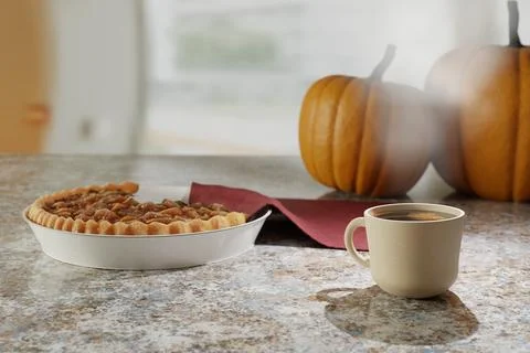 3d render of delicious pie, coffee and pumpkins in kitchen during autumn Stock Illustration
