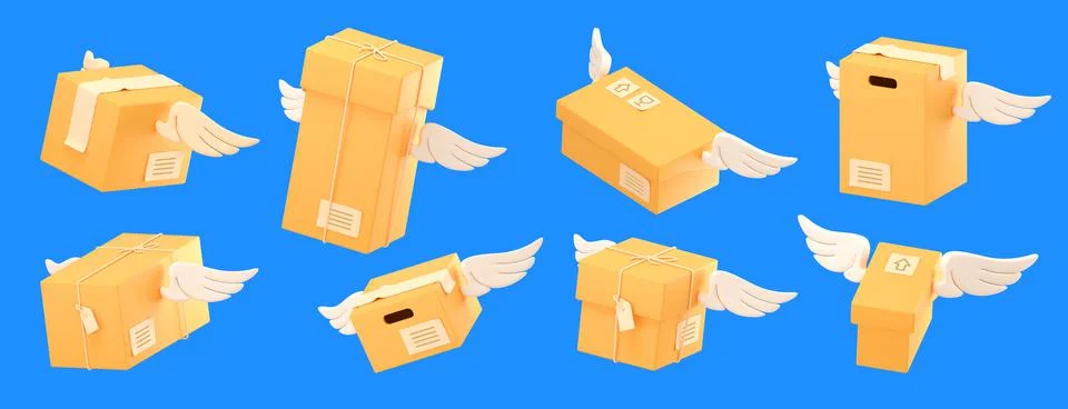 3d render delivery box with wings in flight set Illustrazione stock