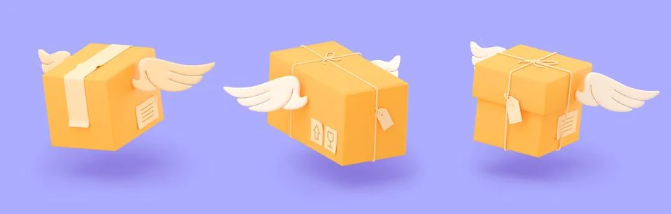 3d render delivery box with wings in flight set Stock Illustration