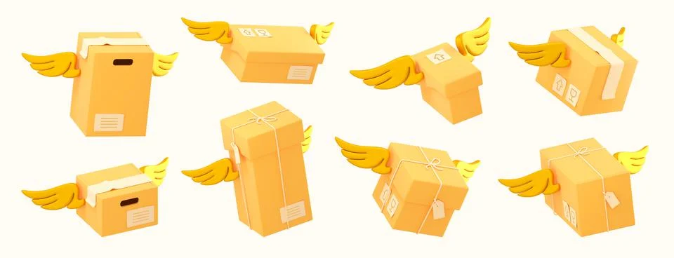 3d render delivery box with wings in flight set イラスト素材