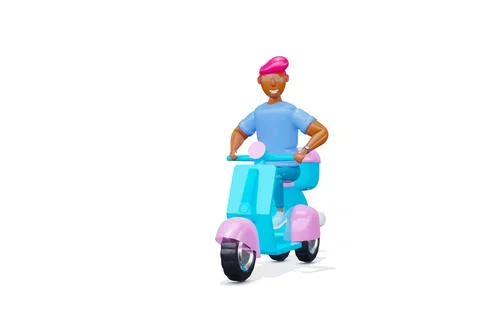3d render. Delivery man on a blue scooter. cartoon style Stock Illustration