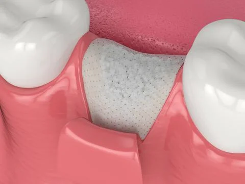 3D render of dental bone grafting with bone biomaterial and membrane Stock Illustration
