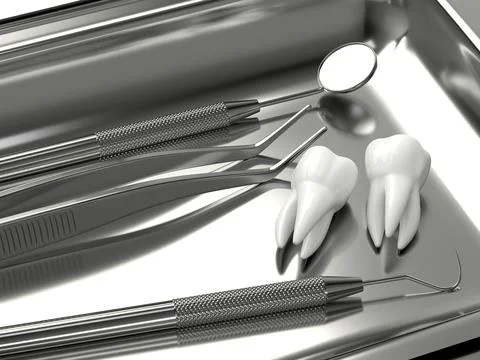 3d render of dental diagnostic instruments lying on dental tray Stock-Illustration