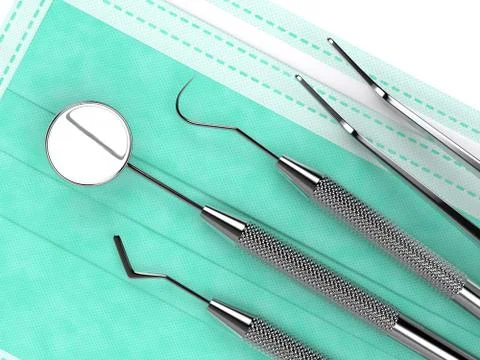 3d render dental diagnostic instruments lying on protective mask Stock Photos
