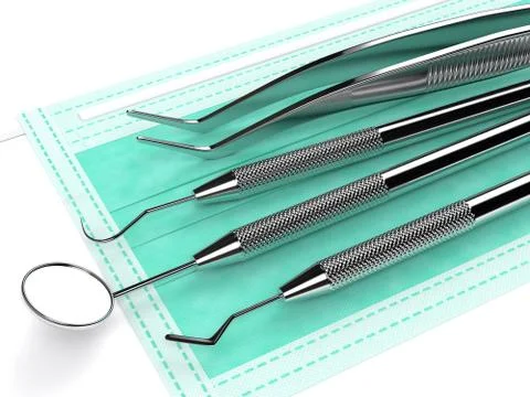 3d render dental diagnostic instruments lying on protective mask Stock Photos