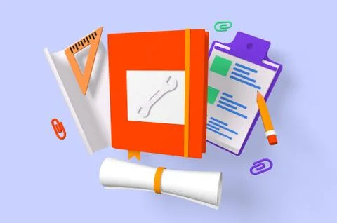 3d render design equipment of tablet, paper and scale. Stock Illustration