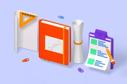 3d render design equipment of tablet, paper and scale. Stock-Illustration