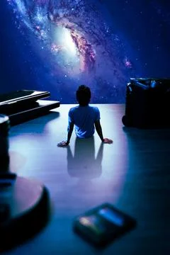 3d render design of a guy sitting on a table and watching the space, illusion co Illustrazione stock