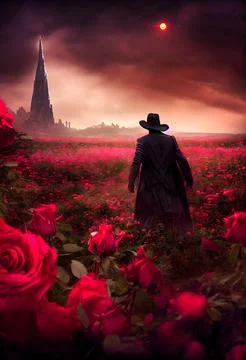 3d render design of a man with hat and coat walking in a red roses field towards Stock Illustration