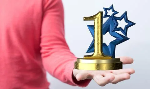 3d render design of number one golden trophy with stars in a hand 스톡 사진