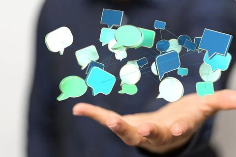 3d render design of a pile of online connected speech bubbles in a hand Stock Photos
