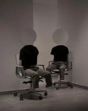 3d render design of two black t shirts and gray pants sitting on chairs as a per Illustrazione stock