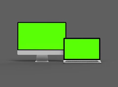 3d render of desktop and laptop with green screen on a dark background Illustrazione stock