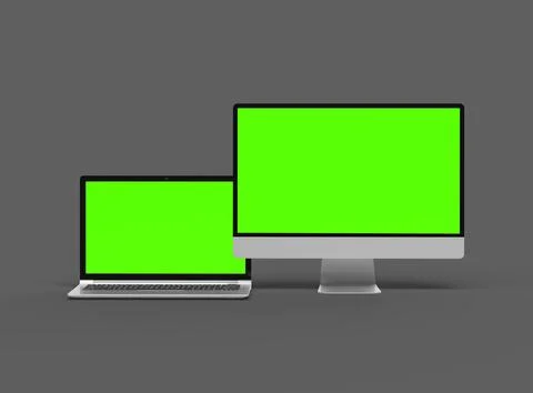 3d render of desktop and laptop with green screen on a dark background Stock Illustration