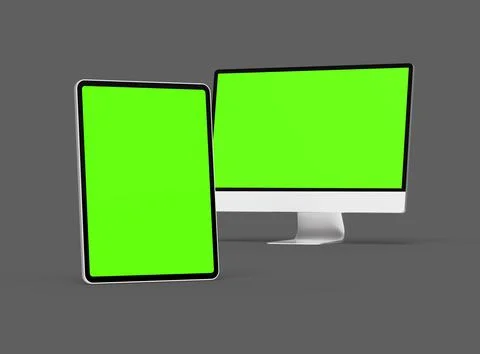 3D Render of desktop and tablet with green screens on a dark background Stock Illustration