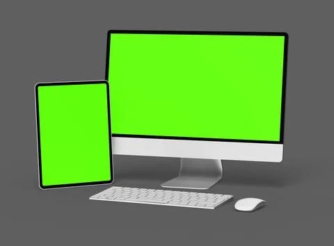 3D Render of desktop and tablet with green screens on a dark background Stock Illustration