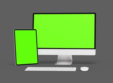 3D Render of desktop and tablet with green screens on a dark background Stock Illustration