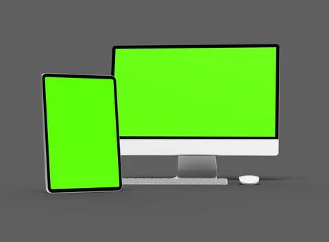 3D Render of desktop and tablet with green screens on a dark background Illustrazione stock