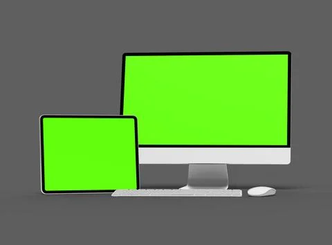 3D Render of desktop and tablet with green screens on a dark background Stock Illustration