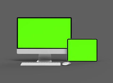 3D Render of desktop and tablet with green screens on a dark background Stock Illustration