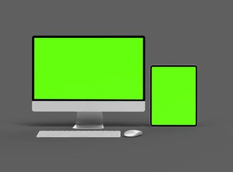 3D Render of desktop and tablet with green screens on a dark background Stock Illustration