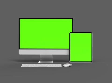 3D Render of desktop and tablet with green screens on a dark background Stock Illustration