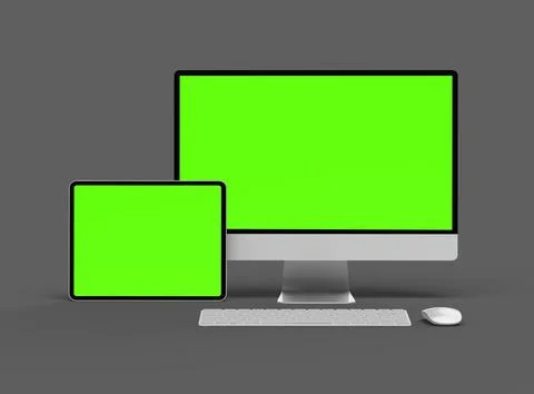 3D Render of desktop and tablet with green screens on a dark background Stock Illustration
