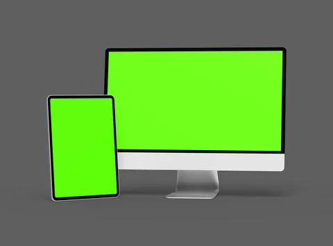3D Render of desktop and tablet with green screens on a dark background Stock Illustration