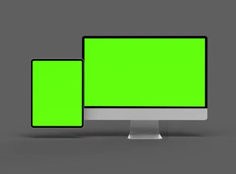 3D Render of desktop and tablet with green screens on a dark background Stock Illustration