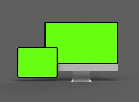 3D Render of desktop and tablet with green screens on a dark background Stock Illustration
