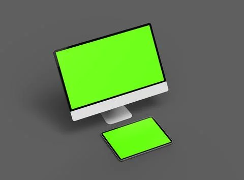 3D Render of desktop and tablet with green screens on a dark background Stock Illustration