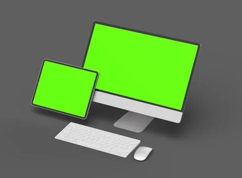 3D Render of desktop and tablet with green screens on a dark background Illustrazione stock