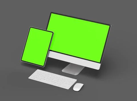 3D Render of desktop and tablet with green screens on a dark background Stock Illustration