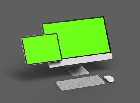 3D Render of desktop and tablet with green screens on a dark background Stock Illustration
