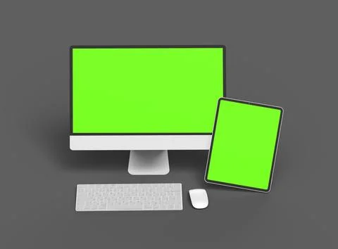 3D Render of desktop and tablet with green screens on a dark background Stock Illustration