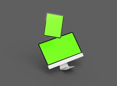 3D Render of desktop and tablet with green screens on a dark background Stock Illustration